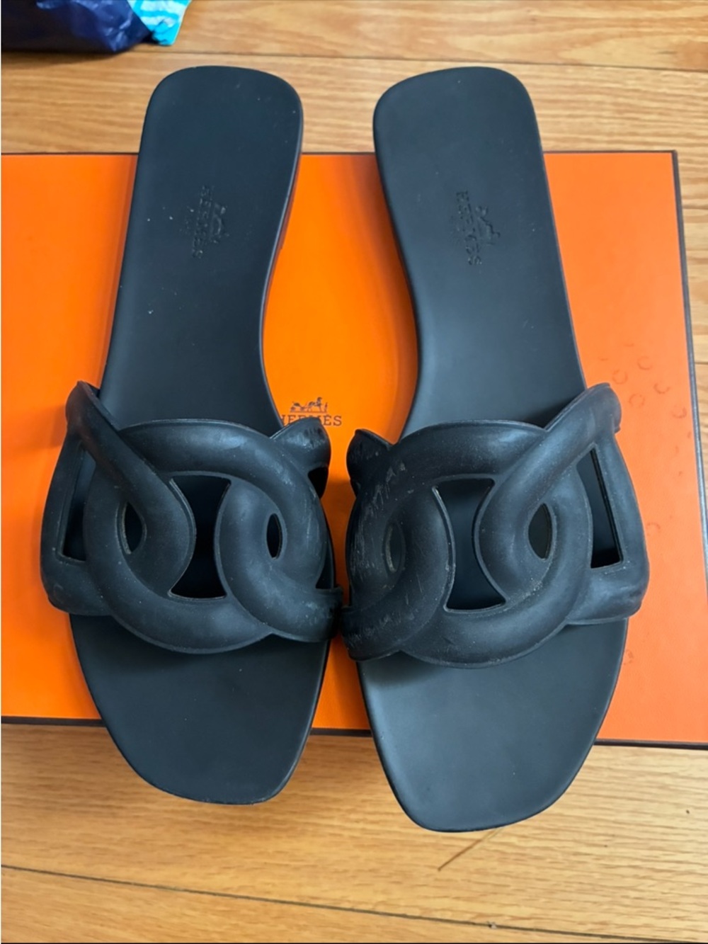 Hermes Black Leather Oran-Style Slide Sandals